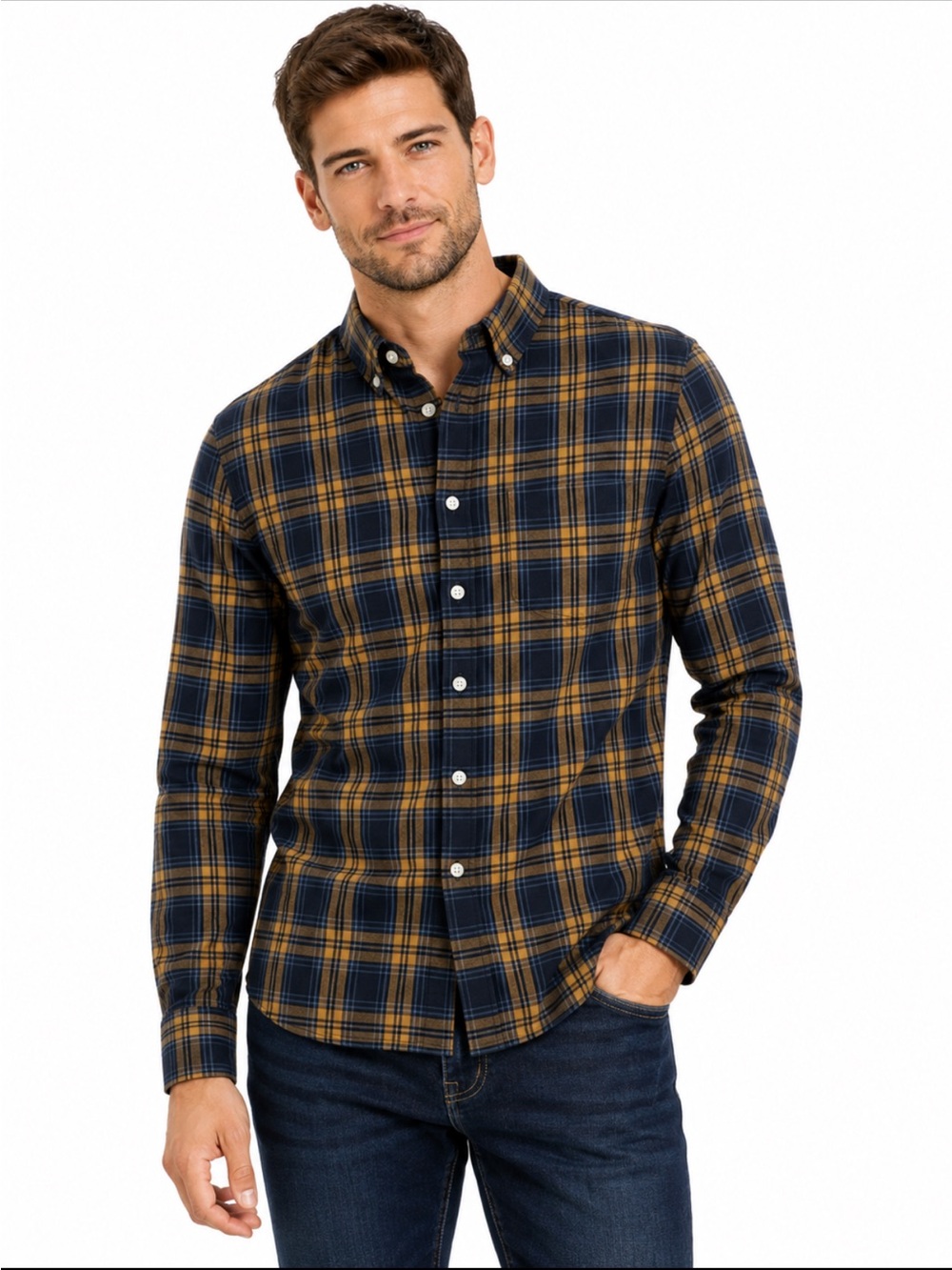 ASOS Navy Mustard Plaid Button-Down Shirt Cotton Stretch — Size M
